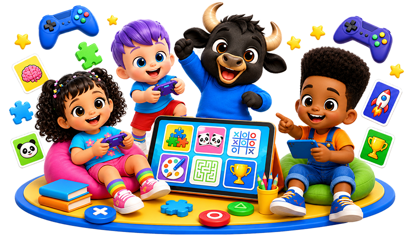 Personagens do Kids Plus Brasil jogando videogame juntos